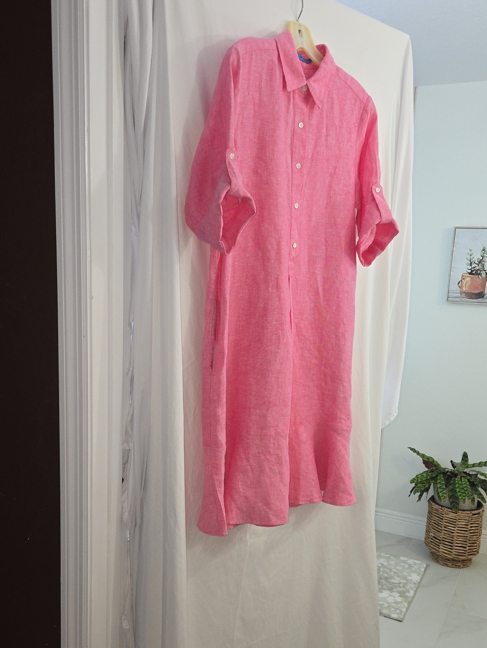 J. McLaughlin Pink Long-Sleeve Linen Shirt Dress